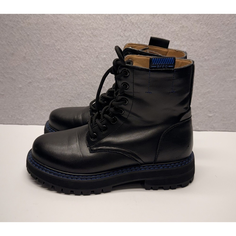 Josiny Black Leather Combat Boots with Electric Blue Stitching Women's Size 7